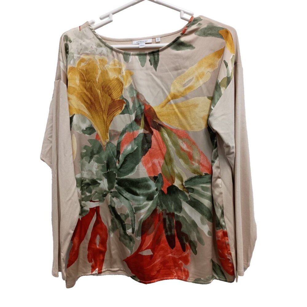 Chicos Wearable Art Cottage Top Womens Large Beige Floral Long Sleeve Casual